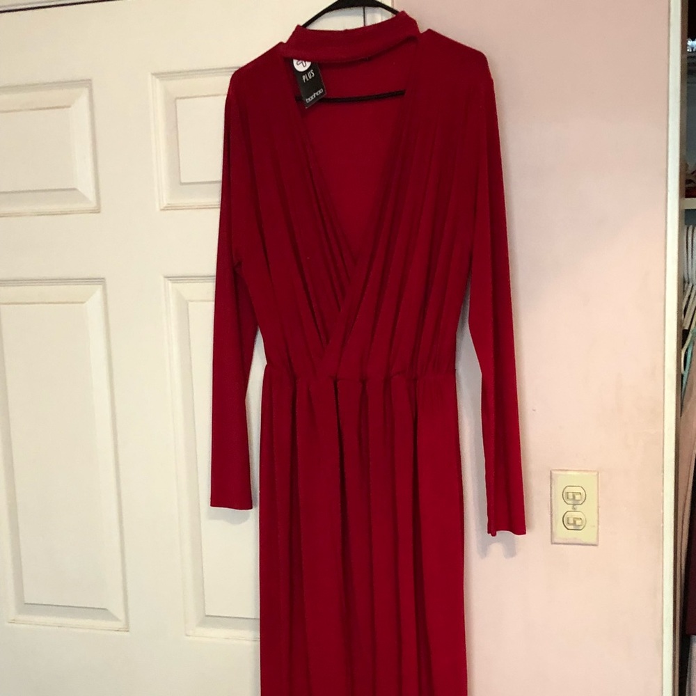 Boohoo plus size red choker dress US 16